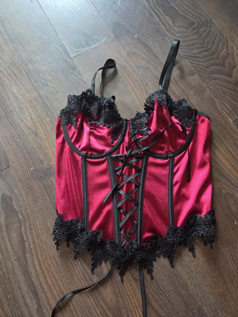 Red Satin Lace-Up Bustier with Black Lace Trim, No Brand, Temu, New W.o Tags